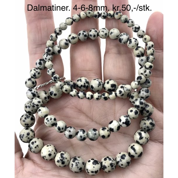 Dalmatiner armbnd. 4,6,8mm perle. 16-20cm. Frit valg.