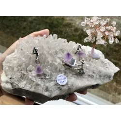 Bjergkrystal+ametyst, akvamarin+bjergkrystal tr med minerarbejde, 1,43kg. 