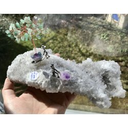 Bjergkrystal+ametyst, akvamarin+aventurin tr med minerarbejde, 935gram. 