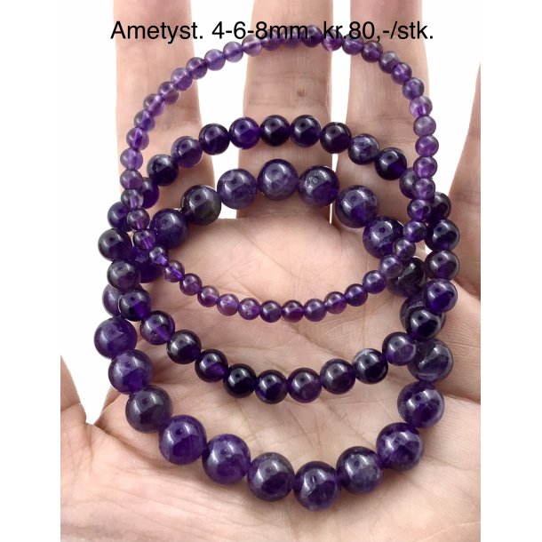 Ametyst armbnd.  4,6,8mm perle. 16-20cm. Frit valg.