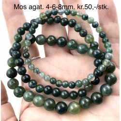 Mos agat armbnd. 4,6,8mm perle. 16-20cm. Frit valg.