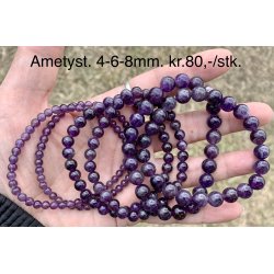Ametyst armbnd.  4,6,8mm perle. 16-20cm. Frit valg.