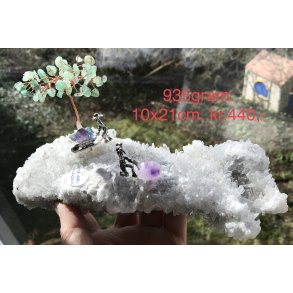 Bjergkrystal+ametyst, akvamarin+aventurin tr med minerarbejde, 935gram. 