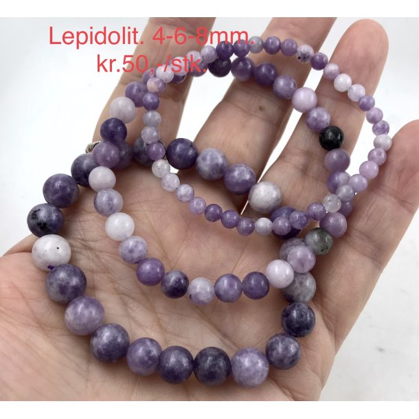 Lepidolit armbnd. 4,6,8, 10mm perle. 16-20cm. Frit valg.