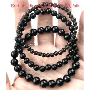 Sort obsidian armbnd. 4,6,8mm perle. 16-20cm. Frit valg.