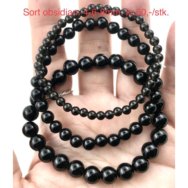 Sort obsidian armbnd. 4,6,8mm perle. 16-20cm. Frit valg.